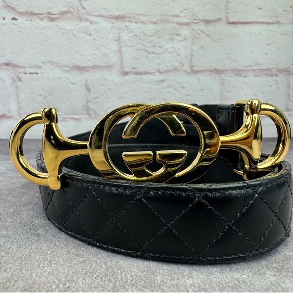 Gucci Zumi Black Leather Quilted Belt with Gold Buckle 550122 90/36 - Picture 1 of 10